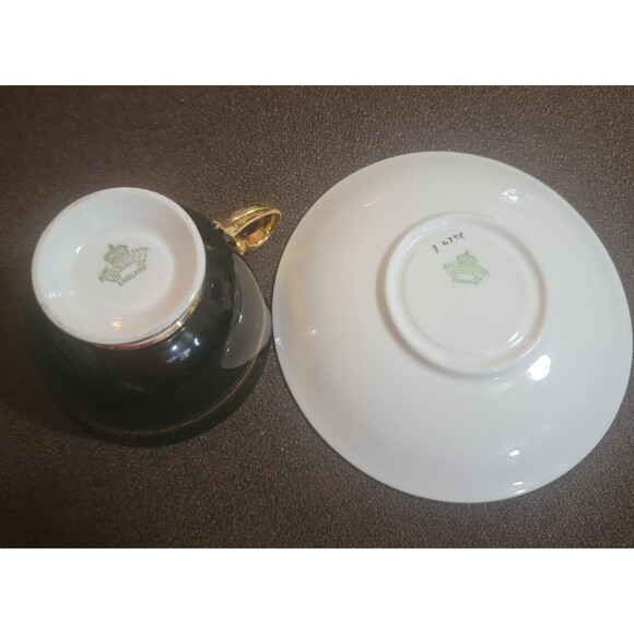 Aynsley England Bone China Tea Cup Saucer Shiny Black Gold stripe 1930s VTG - Picture 6 of 10